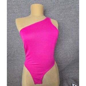 Love J Womens Hot Pink Ribbed One Shoulder Bodysuit Neon Magenta Medium